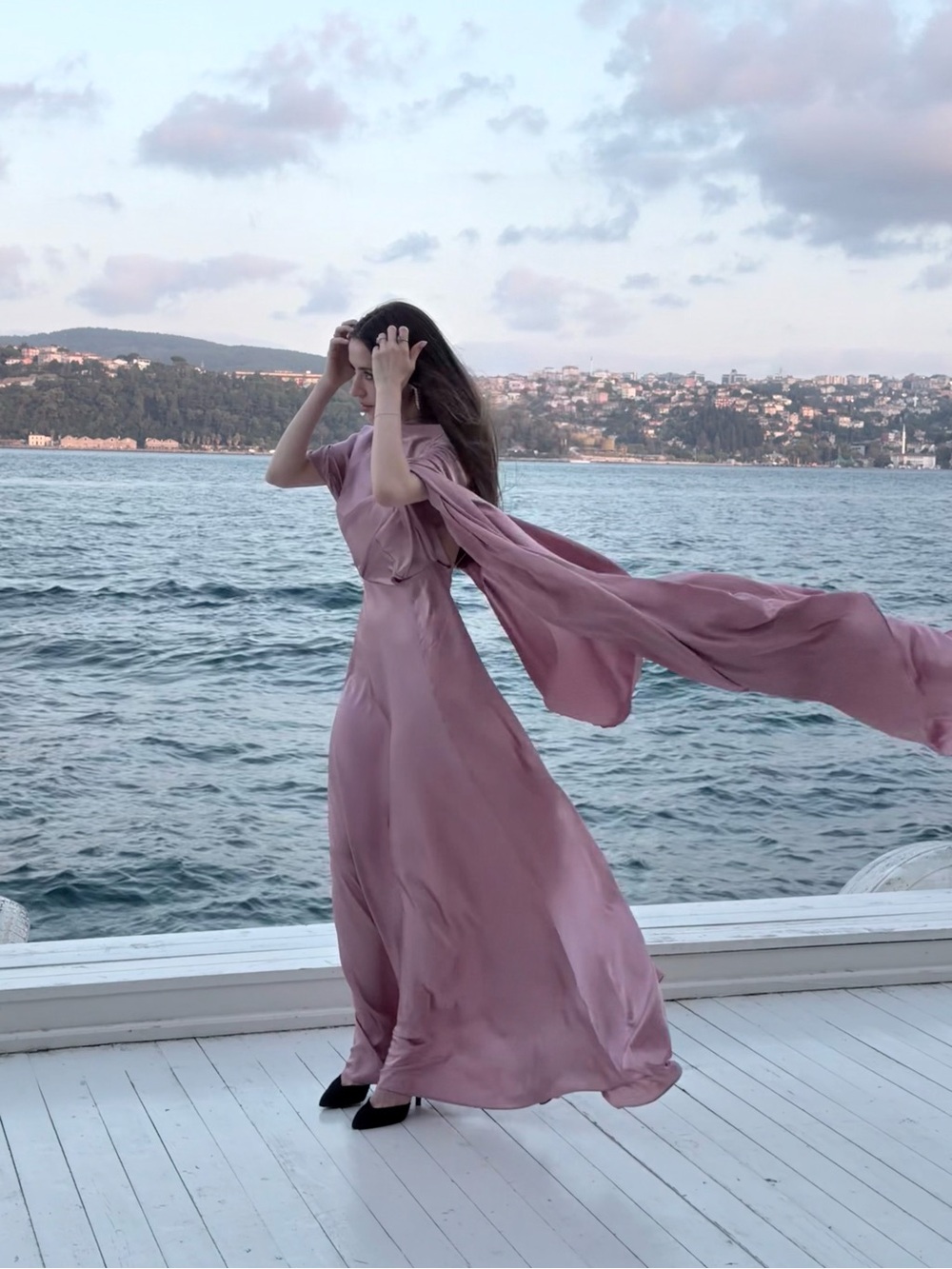 BAQA. Elegant Dusty Rose cool tone pink Turkish Silk Maxi Dress. Open back.